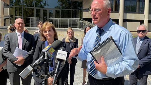 David Lorenz, the Maryland director of Survivors Network of those Abused by Priests, talks to journalists Tuesday, Sept. 10, 2024, outside of the Supreme Court of Maryland in Annapolis, Md. (AP Photo/Brian Witte)