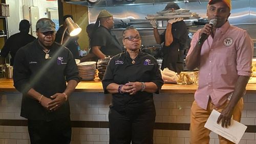 Chef Marcus Samuelsson speaks at the Open Kitchen pop-up at Marcus Bar & Grille on Feb. 21, 2024, which spotlighted food from My Three Sons, a Black-owned restaurant in North Charleston, South Carolina. / Courtesy of Ligaya Figueras