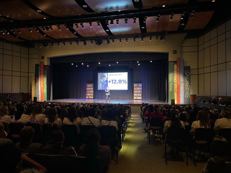 Marietta City Schools Superintendent Grant Rivera explains why more students are scoring better on their English Milestones tests during an assembly at the Marietta Performing Arts Center on Wednesday, July 26, 2023. (Ty Tagami/ty.tagami@ajc.com)