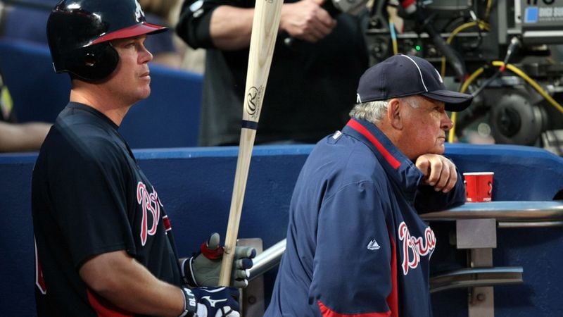 Slugger Chipper Jones and manager Bobby Cox (right) spent parts of two decades together with the Braves.