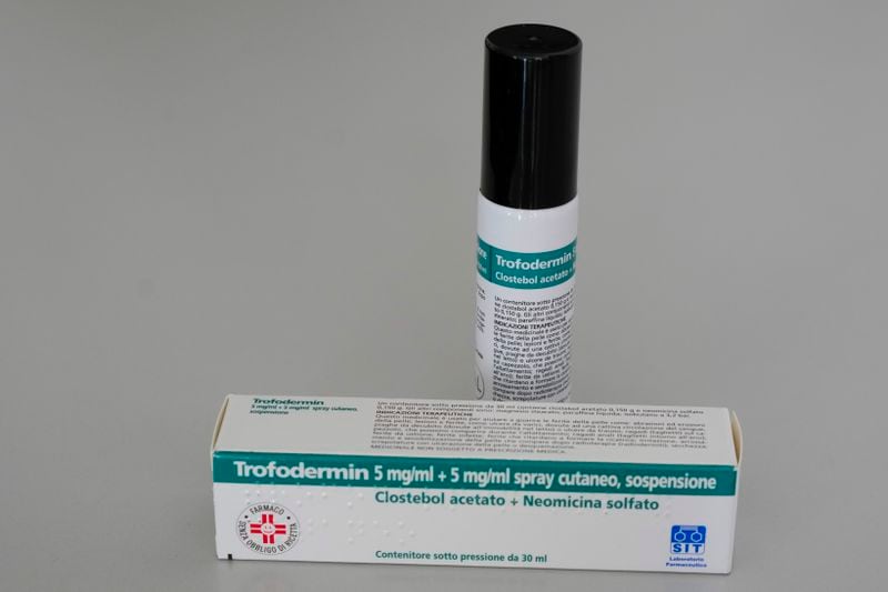 A photo of a pack of Trofodermin, a medical product meant for treating cuts and scrapes, which contains the anabolic steroid Clostebol, a substance listed in the World Anti-Doping Association's banned substances, in Rome, Wednesday, Sept. 4, 2024. (AP Photo/Andrew Medichini)