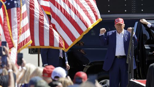 Republican presidential nominee former President Donald Trump arrives at a campaign event at Wilmington International Airport in Wilmington, N.C., Saturday, Sept. 21, 2024. (AP Photo/Chris Seward)