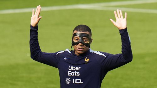 France's Kylian Mbappe gestures during a training session in Paderborn, Germany, Sunday, June 23, 2024. France will play against Poland during their Group D soccer match at the Euro 2024 soccer tournament on June 25. (AP Photo/Hassan Ammar)