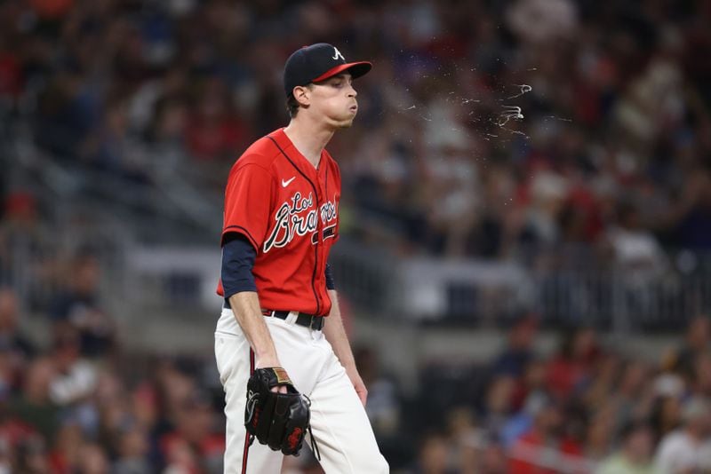 Braves starting pitcher Max Fried reacts after giving up a solo home run against Philadelphia Phillies second baseman Jean Segura (not pictured) during the fifth inning at Truist Park, Friday, September 16, 2022, in Atlanta. (Jason Getz / Jason.Getz@ajc.com)