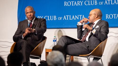 Robert F. Smith (left), founder and CEO of Vista Equity Partners, speaks with Morehouse President David A. Thomas at a Rotary Club event at the Loudermilk Conference Center in Atlanta on Monday, April 1, 2024. (Arvin Temkar / arvin.temkar@ajc.com)
