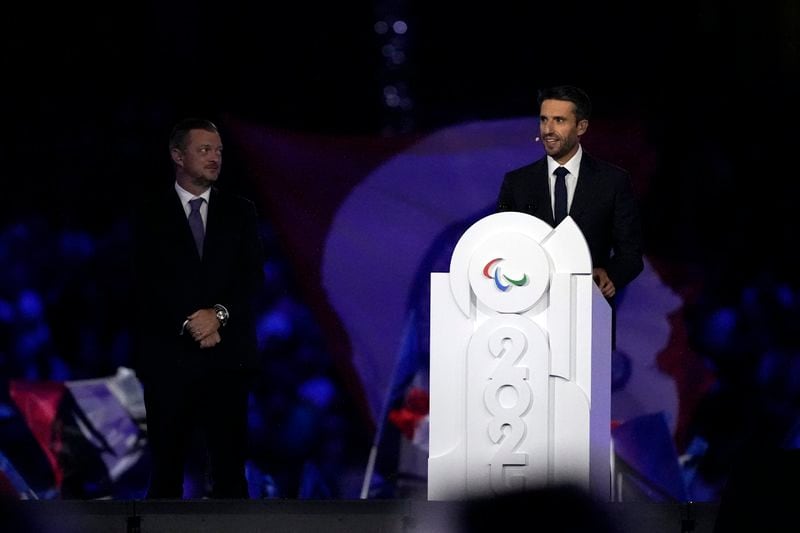 French President of the Paris 2024 Olympics and Paralympics Organising Committee (COJO) Tony Estanguet delivers a speech during the closing ceremony of the 2024 Paralympics, Sunday, Sept. 8, 2024, in Paris, France. (AP Photo/Michel Euler)