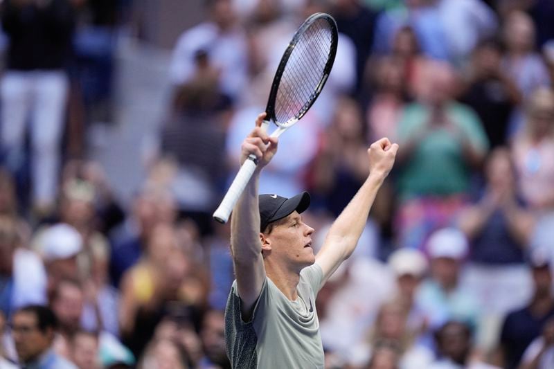 Jannik Sinner, of Italy, reacts after defeating Jack Draper, of Great Britain, during the men's singles semifinal of the U.S. Open tennis championships, Friday, Sept. 6, 2024, in New York. (AP Photo/Julia Nikhinson)