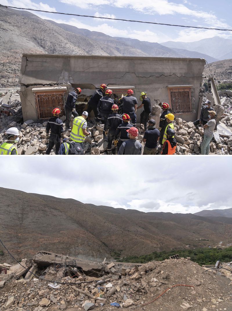 In this combination of photos, a team attempts to recover the body of a woman who was killed an earthquake in the town of Imi N'tala, Morocco, outside Marrakech, Tuesday, Sept. 12, 2023, and the wreckage of the same home on Sept. 4, 2024. (AP Photo/Mosa'ab Elshamy)