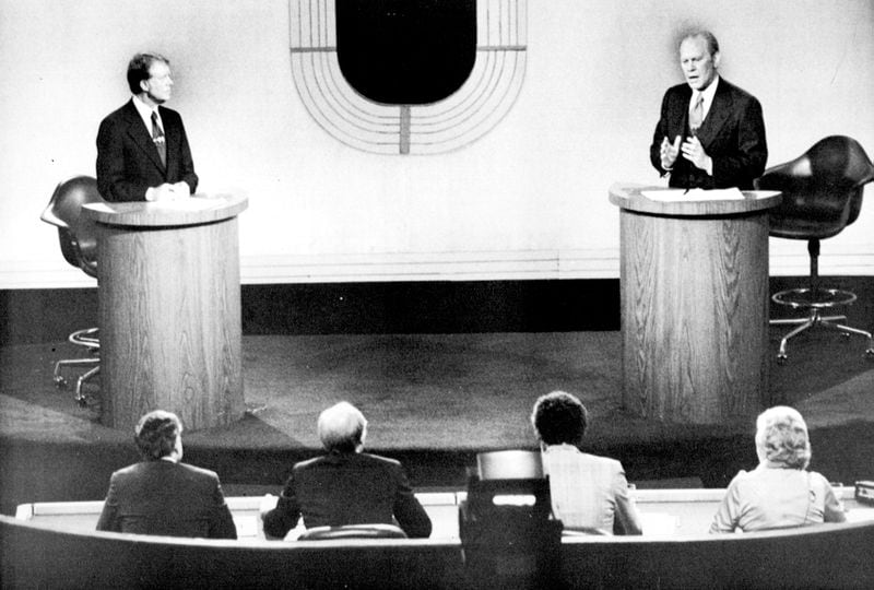 President Gerald Ford emphasizes a point during his second debate with Jimmy Carter at San Francisco's Palace of Fine Arts Theater in 1976.