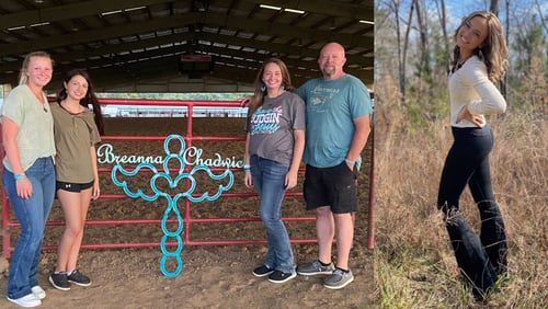 The teal cross made from horseshoes was designed soon after Breanna Chadwick (right) was killed. It sits at the Murray County Saddle Club arena where she was fatally struck in 2022. From left: Friend Gracie Mixson, sister Kirsten Chadwick, mother Kristy Chadwick and father Heath Chadwick.