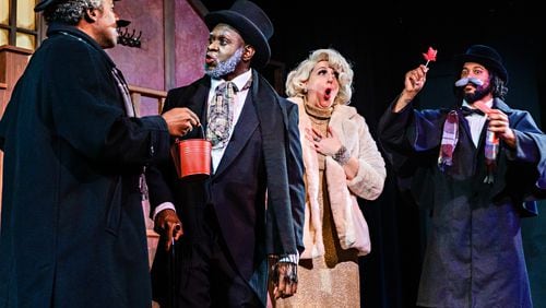 Swift Rice (from left), Avery Sharpe, Eve Krueger as Carol Channing and Will Hayes in "Invasion: Christmas Carol" at Dad's Garage.