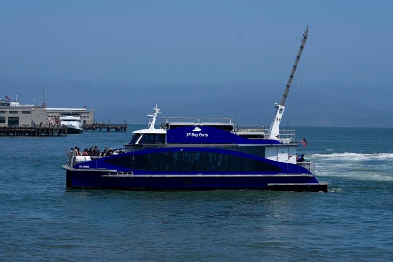 The MV Sea Change, the first commercial passenger ferry powered by hydrogen fuel cells, is seen on the water, Friday, July 12, 2024, in San Francisco. The MV Sea Change will begin offering free rides to the public along the San Francisco waterfront on Friday, July 19. (AP Photo/Terry Chea)