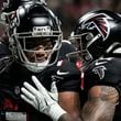 Atlanta Falcons running back Bijan Robinson (7) celebrates his touchdown against the Kansas City Chiefs during the first half of an NFL football game, Sunday, Sept. 22, 2024, in Atlanta. (AP Photo/Brynn Anderson)