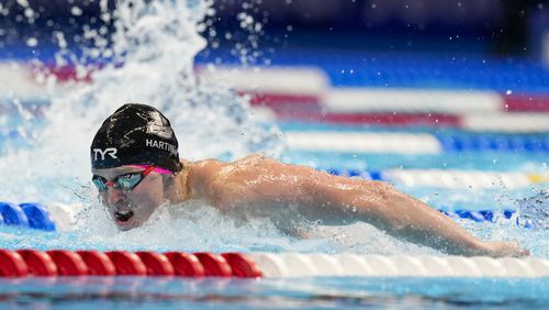 Zach Harting swims during a Men's 200 butterfly semifinals heat Tuesday, June 18, 2024, at the US Swimming Olympic Trials in Indianapolis. (AP Photo/Darron Cummings)