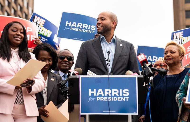 State Sen. Jason Esteves, D-Atlanta, speaks in support of Vice President Kamala Harris during a news conference in Atlanta on Wednesday.