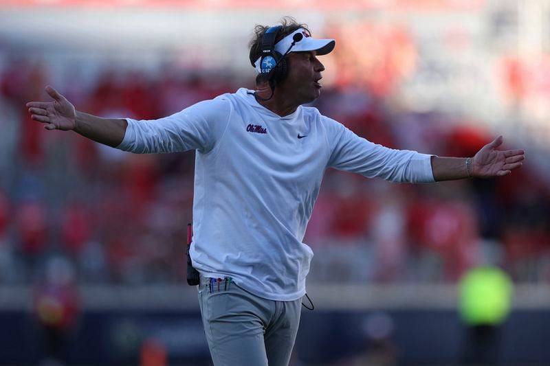 Mississippi head coach Lane Kiffin reacts to a call during the second half of an NCAA college football game against Middle Tennessee on Saturday, Sept. 7, 2024, in Oxford, Miss. (AP Photo/Randy J. Williams)