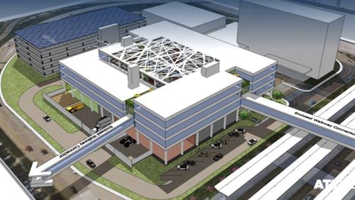 This is a Hartsfield-Jackson International Airport rendering of $242 million aviation administration center to be built next to the terminal. There would also be space for a hotel. Source: Hartsfield-Jackson