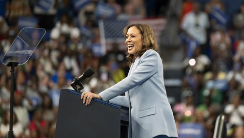 
                        Vice President Kamala Harris, the presumptive Democratic nominee for president, speaks at a campaign rally in Atlanta on Tuesday, July 30, 2024. Harris challenged former President Donald Trump to commit to a presidential debate on Tuesday night during a raucous rally in Atlanta that featured some 10,000 attendees, celebrity appearances and another rare feature of Democrats’ rallies lately: fun. (Nicole Craine/The New York Times)
                      
