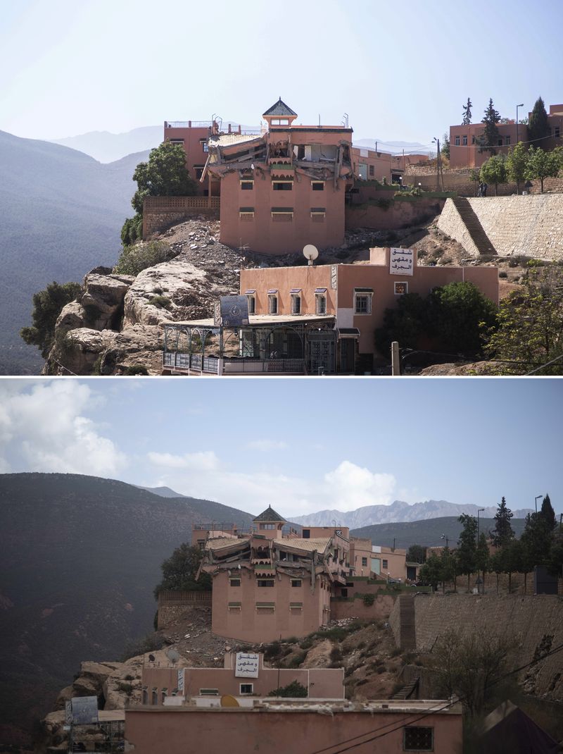 In this combination of photos, an earthquake-damaged hotel in Moulay Brahim village, Morocco, near Marrakech, Saturday, Sept. 9, 2023, and the same view on Sept. 5, 2024. (AP Photo/Mosa'ab Elshamy)