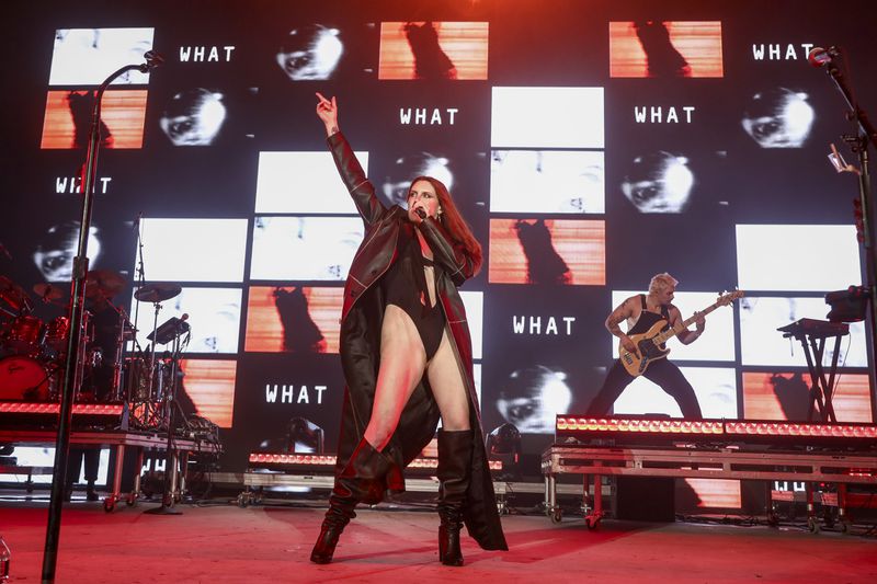 Singer Katie Gavin from the band Muna performs during the All Things Go Music Festival on Saturday, Sept. 28, 2024, at Forest Hills Stadium in Forest Hills, N.Y. (Photo by Andy Kropa/Invision/AP)