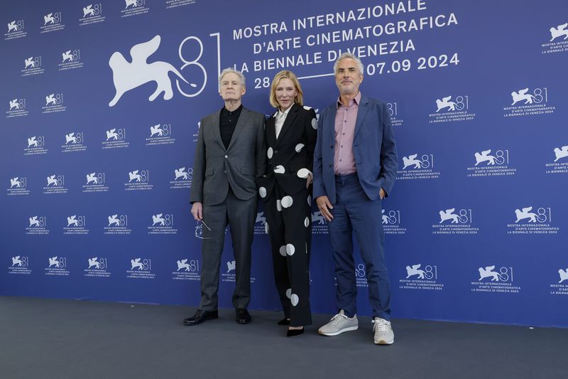 Kevin Kline, from left, Cate Blanchett, and series director Alfonso Cuaron pose for photographers at the photo call for the television series 'Disclaimer' during the 81st edition of the Venice Film Festival in Venice, Italy, on Thursday, Aug. 29, 2024. (Photo by Joel C Ryan/Invision/AP)