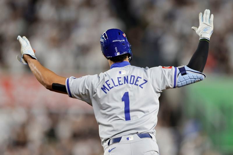 Kansas City Royals' MJ Melendez (1) reacts as he rounds the bases after hitting a solo home run against the New York Yankees during the fourth inning of Game 1 of the American League baseball division series, Saturday, Oct. 5, 2024, in New York. (AP Photo/Adam Hunger)