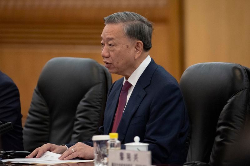 Vietnam's President To Lam attends a meeting with Chinese President Xi Jinping at the Great Hall of the People in Beijing Monday, Aug. 19, 2024. (Andres Martinez Casares/Pool Photo via AP)