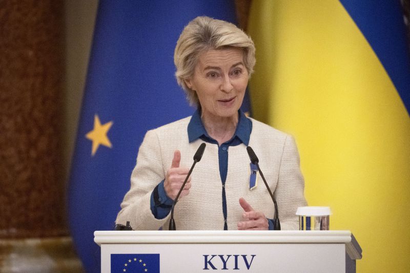 European Commission President Ursula von der Leyen speaks during a joint press conference with Ukrainian President Volodymyr Zelenskyy, not pictured, in Kyiv, Ukraine, Friday, Sept. 20, 2024. (AP Photo/Efrem Lukatsky)