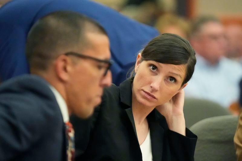 Kouri Richins, a Utah mother of three who wrote a children's book about coping with grief after her husband's death and was later accused of fatally poisoning him, looks on during a hearing Monday, Aug. 26, 2024, in Park City, Utah. (AP Photo/Rick Bowmer, Pool)