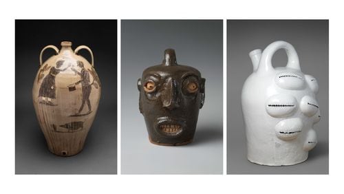 Three vessels on view in the High Museum's “Hear Me Now: The Black Potters of Old Edgefield, South Carolina” exhibition.
Courtesy of High Museum of Art / Michael McKelvey / Metropolitan Museum of Art / Eileen Travell / Matthew Marks Gallery / Eileen Travell