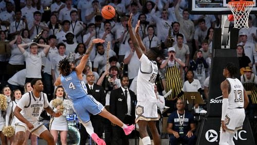 North Carolina guard RJ Davis (4) is not able to score at the end of the second half in an NCAA college basketball game at Georgia Tech’s McCamish Pavilion, Tuesday, January 30, 2024, in Atlanta. Georgia Tech won 74-73 over North Carolina. (Hyosub Shin / Hyosub.Shin@ajc.com)