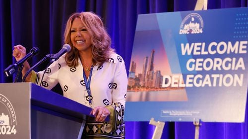 U.S. Rep. Lucy McBath, D-Marietta, speaks at the Georgia delegation breakfast at the Hyatt Regency during day four of the Democratic National Convention, Thursday, August 22, 2024, in Chicago, Illinois. 
(Miguel Martinez / AJC)