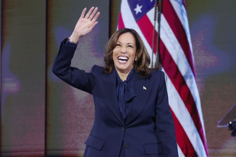 Vice President Kamala Harris addresses delegates at the Democratic National Convention on Thursday.