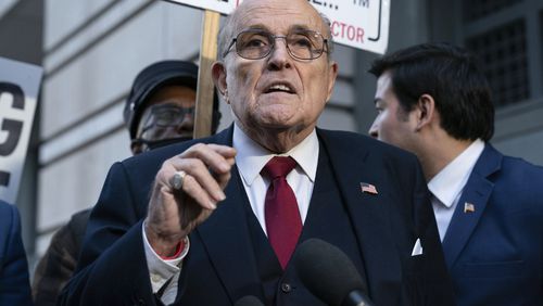 FILE - Rudy Giuliani speaks during a news conference outside federal court in Washington, Dec. 15, 2023. Giuliani has been disbarred in New York. The former New York City mayor, federal prosecutor and legal adviser to Donald Trump received the decision Tuesday, July 2, 2024 from an appeals court in Manhattan.(AP Photo/Jose Luis Magana, File)