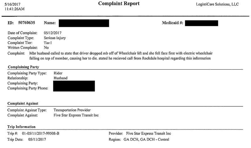 This report, from the Cindi Behrmann case, shows a Medicaid patient dying after a driver dropped her from a wheelchair lift, causing her to fall face first. While the state Department of Community Health apparently received the report, the AJC found no evidence the agency lodged any sanctions against the company. SPECIAL