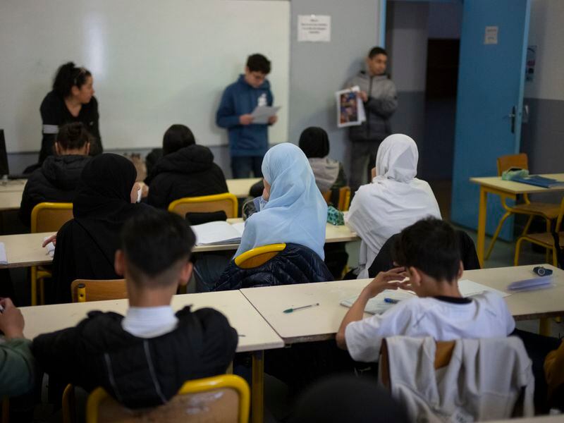 Students attend class at Ibn Khaldoun, a private Muslim school, in Marseille, southern France, Thursday, April 18, 2024. (AP Photo/Daniel Cole)