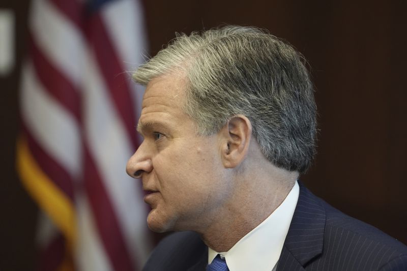 FBI Director Christopher Wray answers questions during an interview, Wednesday, Aug. 21, 2024, in Brooklyn Center, Minn. (AP Photo/Abbie Parr)