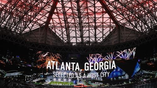 The Mercedes-Benz Stadium 360-degree HD video screen helps announce Atlanta has been selected as a host city for the 2026 World Cup at Mercedes-Benz Stadium on Thursday, June 16, 2022, in Atlanta. (Curtis Compton/AJC 2022)