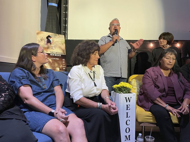 New Mexico Sen. Leo Jaramillo, center, is flanked by panelists and downwinders as they discuss the film "First We Bombed New Mexico" during the Oppenheimer Film Festival in Los Alamos, New Mexico on Saturday, Aug. 17, 2024. Advocates have been pushing for the reauthorization and expansion of the Radiation Exposure Compensation Act, saying the government has failed for decades to acknowledge New Mexico downwinders and people in other states exposed to radiation as a result of the government's nuclear weapons work.(AP Photo/Susan Montoya Bryan)