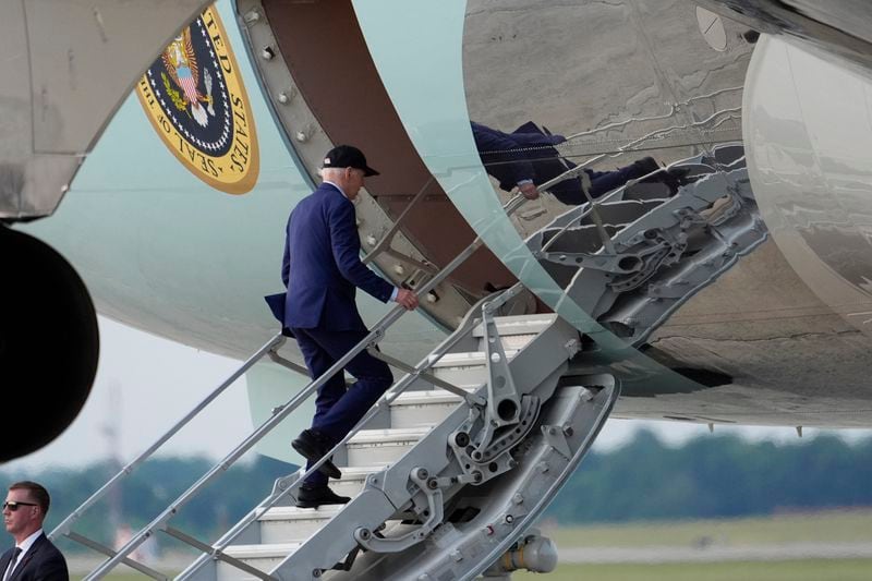 President Joe Biden boards Air Force One for a trip to France to mark the 80th anniversary of D-Day, Tuesday, June 4, 2024, in Andrews Air Force Base, Md. (AP Photo/Alex Brandon)
