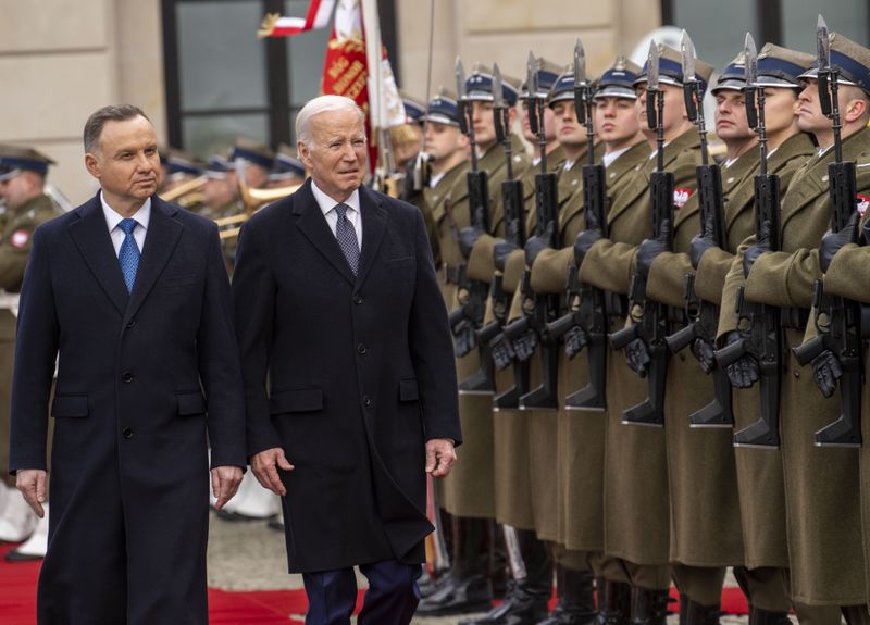 President Joe Biden is welcomed by President Andrzej Duda of Poland at the Presidential Palace in Warsaw on Tuesday, Feb. 21, 2023. (Doug Mills/The New York Times).