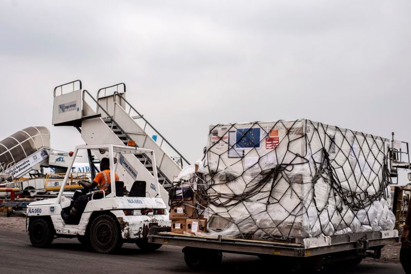 Mpox vaccine MVA-BN vaccine, manufactured by the Danish company Bavarian Nordic, are offloaded from a plane in Kinshasa, Congo, Thursday, Sept. 5, 2024. (AP Photo/Samy Ntumba Shambuyi)