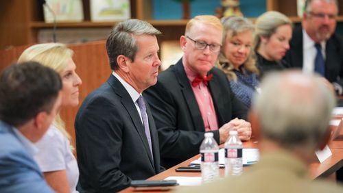 Gov. Brian Kemp met with education officials at Ball Ground Elementary School on Aug. 6, 2021. In 2022, he will use federal COVID-19 school relief funding to give every teacher $125 for classroom expenses. (Special)