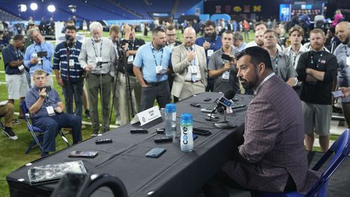 Ohio State head coach Ryan Day speaks during an NCAA college football news conference at the Big Ten Conference media days at Lucas Oil Stadium, Tuesday, July 23, 2024, in Indianapolis. (AP Photo/Darron Cummings)