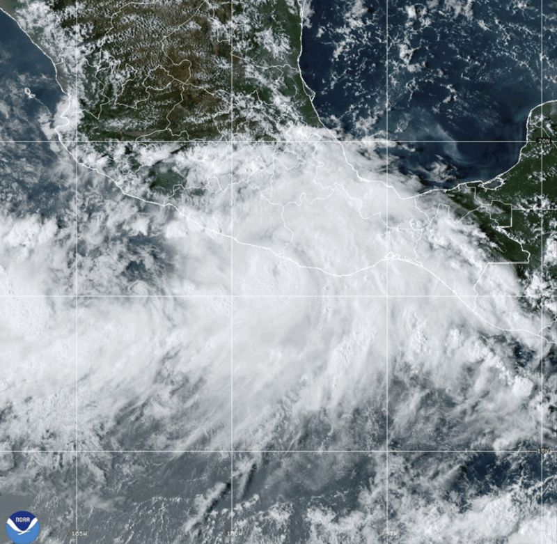 This National Oceanic and Atmospheric Administration satellite image taken at 6:10pm ET shows Hurricane John near southern Mexico on Monday, Sept. 23, 2024. (NOAA via AP)