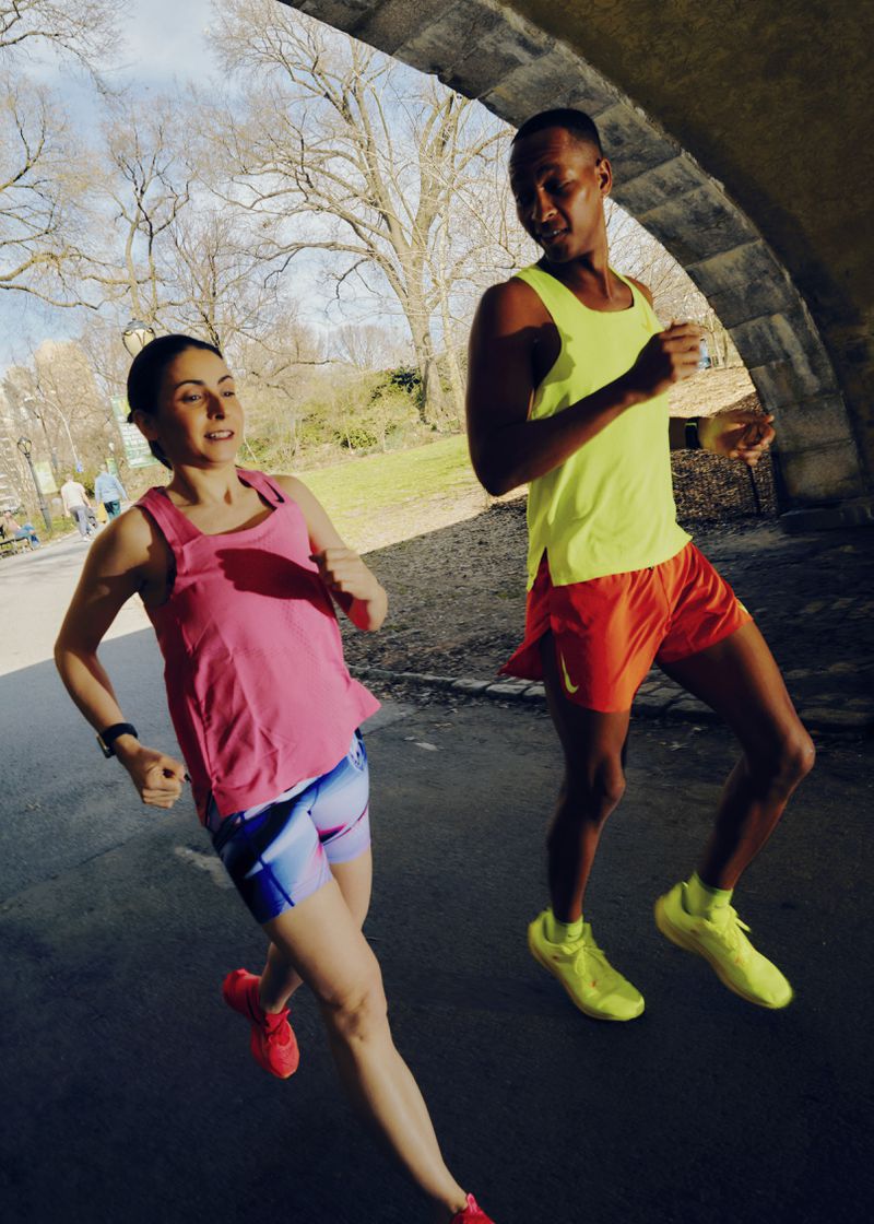 
                        Amy Gruenhut, left, trains with Nick Arrington in Central Park in New York, March 14, 2024. After a debilitating disease, Gruenhut was unable to walk, eat or speak. Today she runs marathons. Among other things, she credits her group of running buddies. (Peter Garritano/The New York Times)
                      