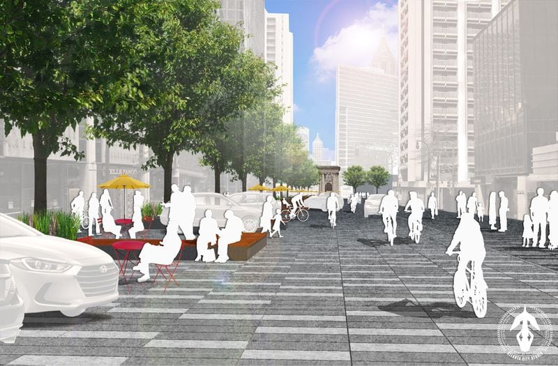 An early concept rendering of Peachtree Street as "Shared Space." This rendering is a product of the Atlanta City Studio’s early concept work on the shared space idea, and not a product of the recent study or workshops.