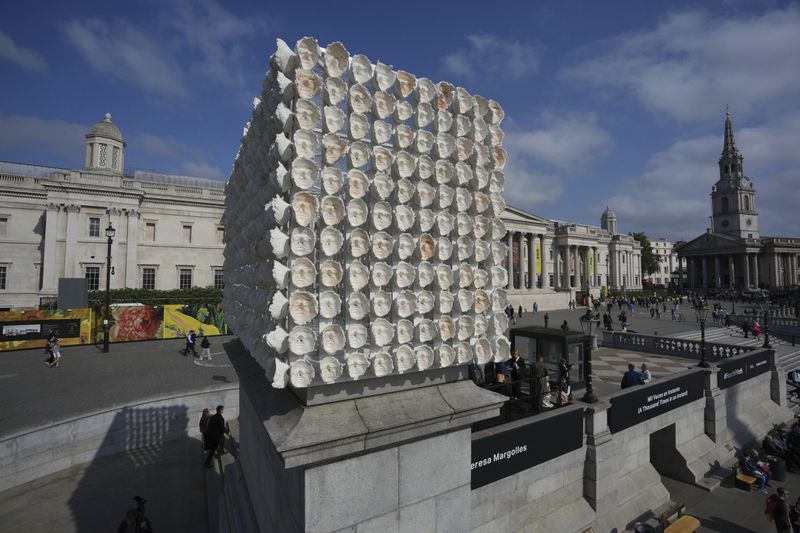 An artwork "Mil Veces un Instante (A Thousand Times in an Instant)" created by Mexican artist Teresa Margolles is placed for the Fourth Plinth, marking 25 years of the ground-breaking commissioning programme for public art at Trafalgar Square, in London, Wednesday, Sept. 18, 2024. (AP Photo/Kin Cheung)