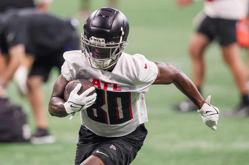 Atlanta Falcons wide receiver Josh Ali (80) runs a drill during minicamp at Mercedes-Benz Stadium, Tuesday, June 13, 2023, in Atlanta. (Jason Getz / Jason.Getz@ajc.com)