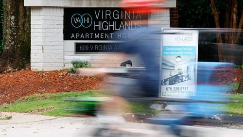 A sign of the entrance of Virginia Highlands apartments in Atlanta is seen on Wednesday, August 30, 2023. Landlords of apartment complexes, particularly those with older properties, capitalized on the surge in rental prices to achieve substantial profits quickly with aggressive loans due to high-interest rates.
Miguel Martinez /miguel.martinezjimenez@ajc.com